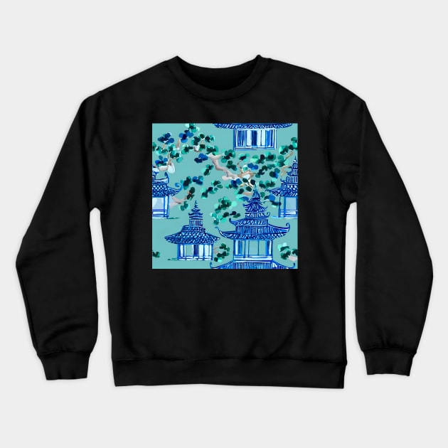 Chinoiserie pagodas on teal background Crewneck Sweatshirt by SophieClimaArt